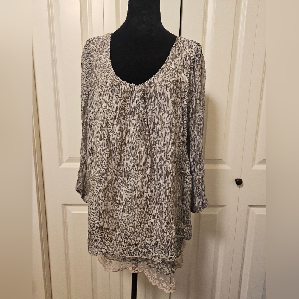 Made In Italy Inspired Chic Zebra Print Lace Women's Blouse 100% Silk Tunic 1X